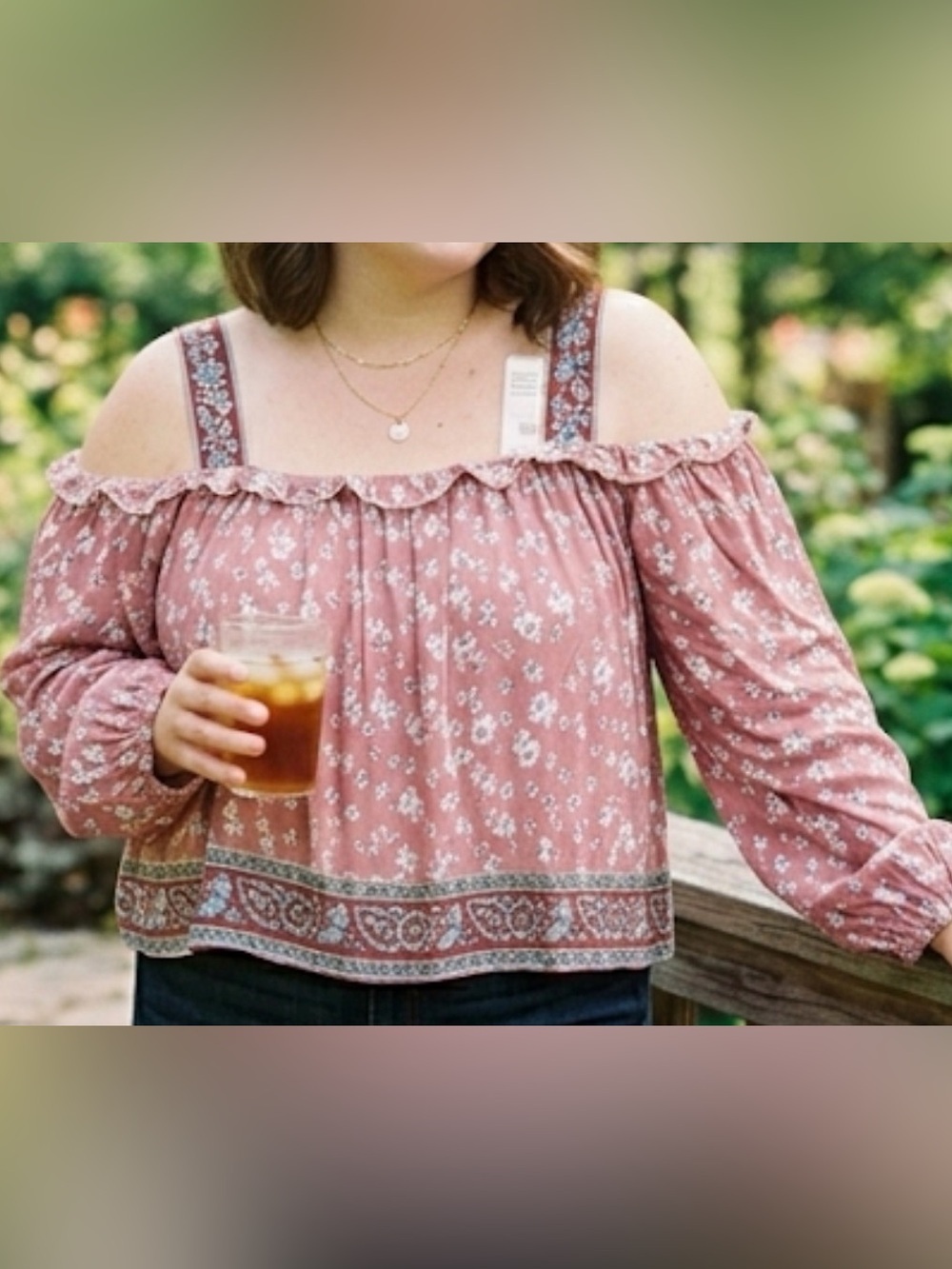 Suzanne Betro Dusty Rose Floral Cold-Shoulder Peasant Blouse